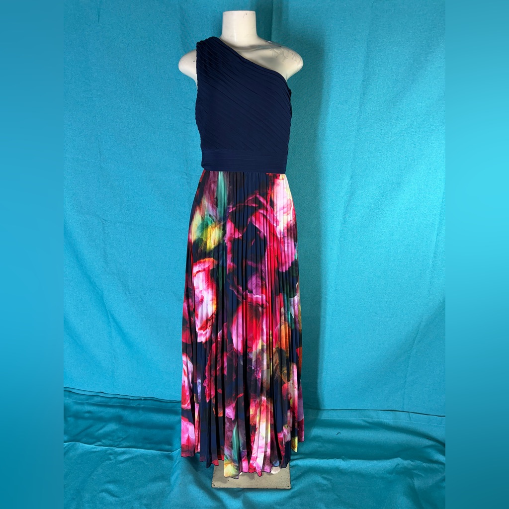 Xscape One-Shoulder Navy And Pink Floral Dress